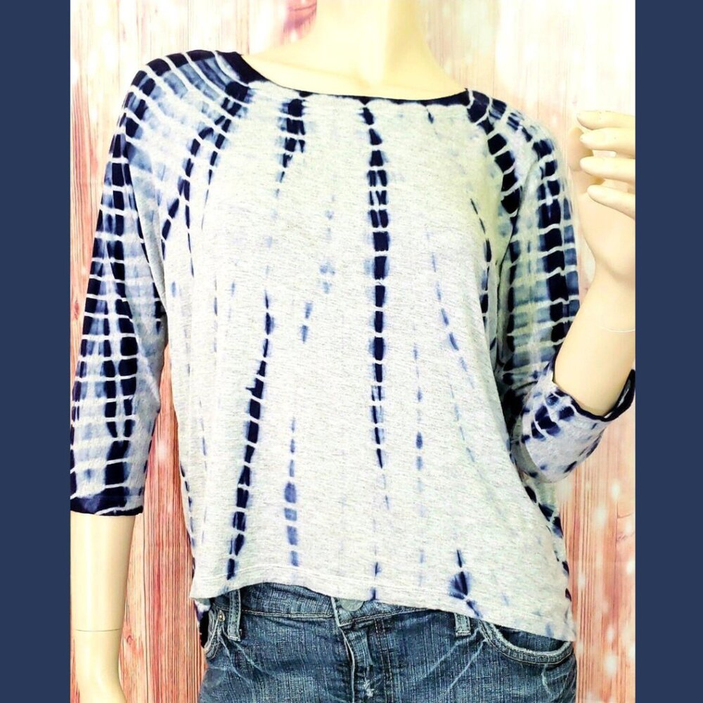 Kenar Tie Dye 3/4 Sleeve Stretch V-Neck T-Shirt Tee Top Ink Blue on Gray Medium